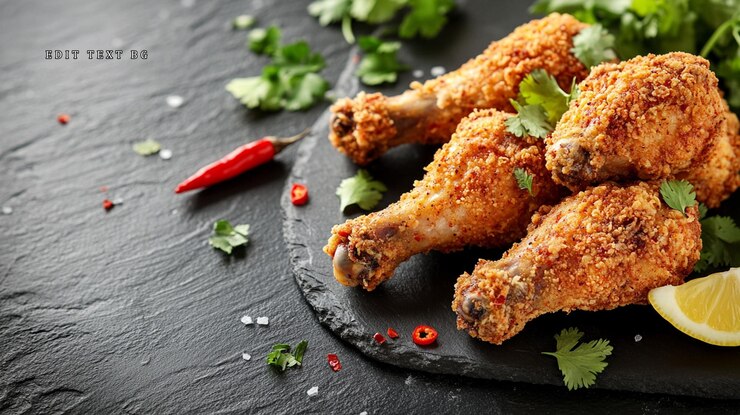 PSD crispy fried chicken drumsticks garnished with cilantro chili and lemon on a dark stone plate