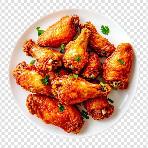 crispy fried chicken wings on a white plate on a transparent background