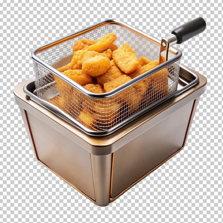 PSD crispy golden fried food in a stainless steel deep
