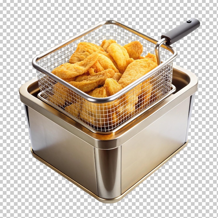 PSD crispy golden fried food in a stainless steel deep