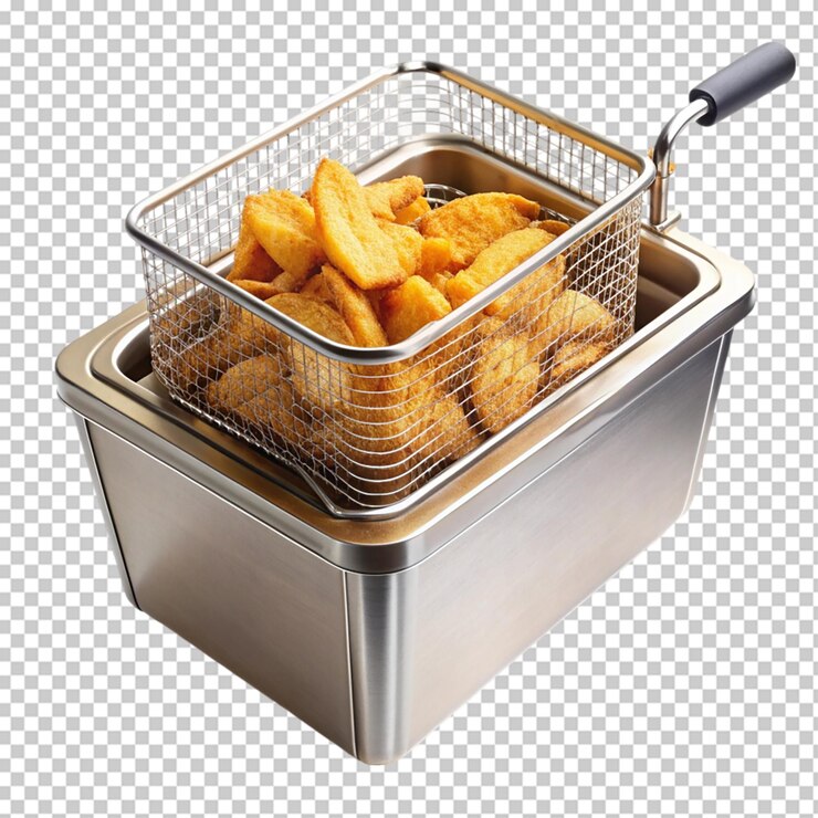 PSD crispy golden fried food in a stainless steel deep