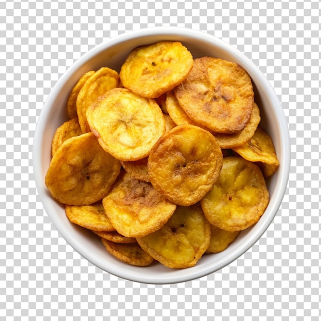 PSD crispy plantain chips on white bowl isolated on transparent background