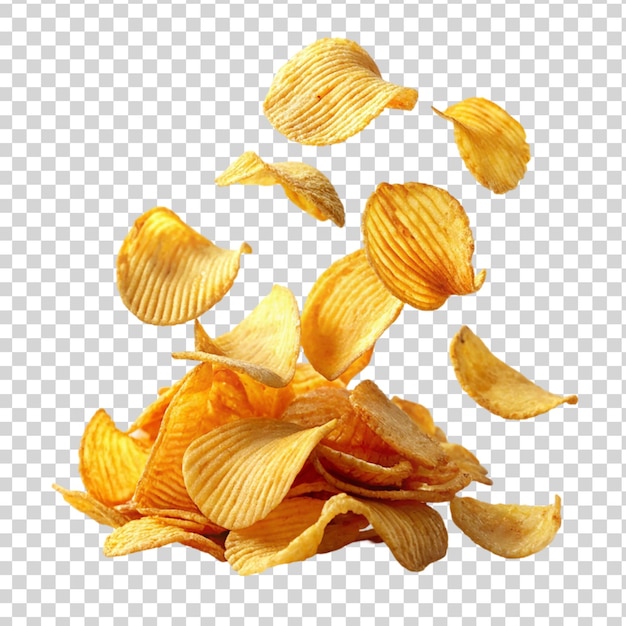 PSD Хрустящие картофельные чипсы вылетают изолированно на прозрачном фоне