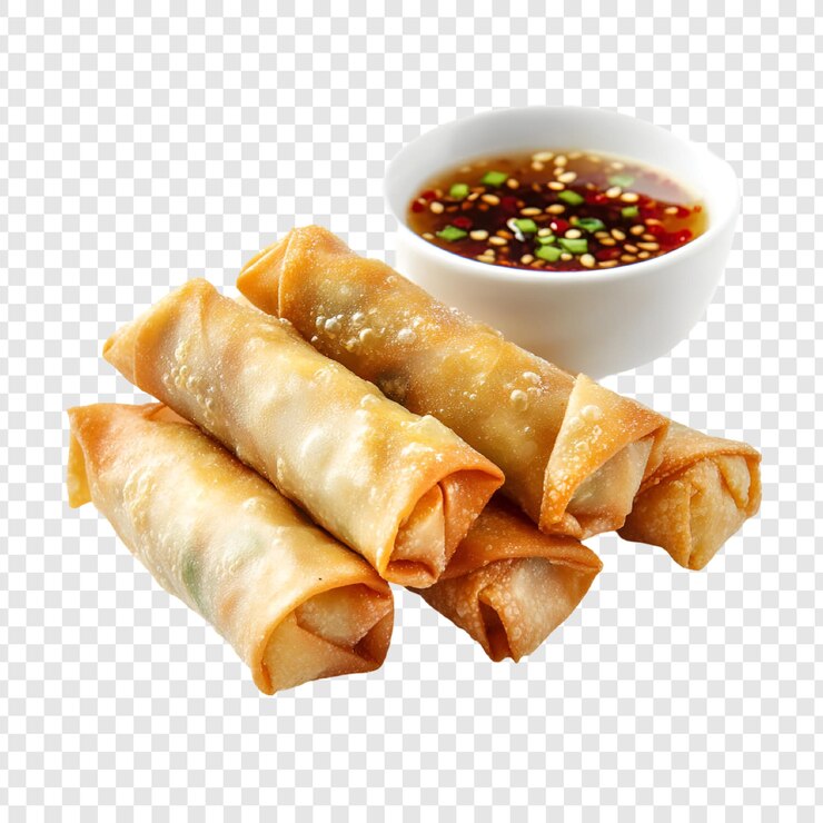 PSD crispy spring rolls with dipping sauce gourmet appetizer food photography