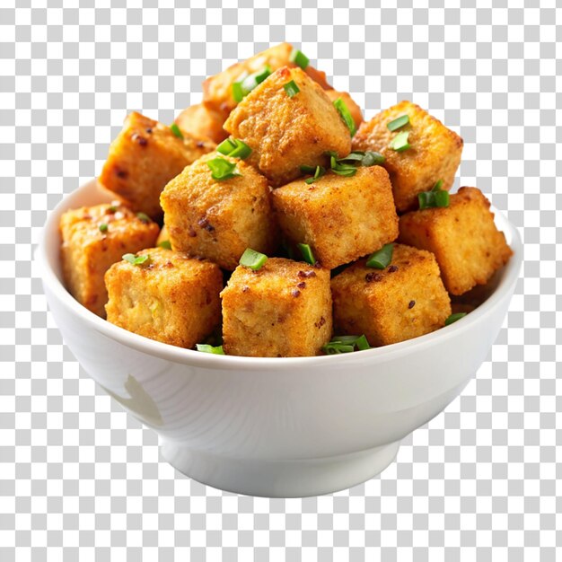 PSD crispy tofu bites on bowl on transparent background