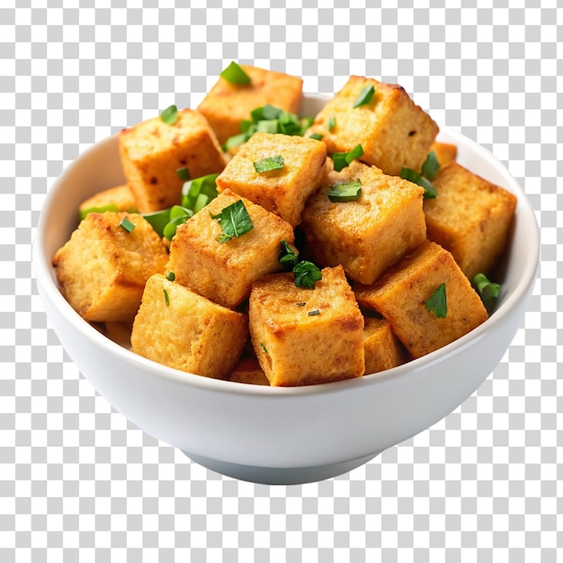 PSD crispy tofu bites on bowl on transparent background