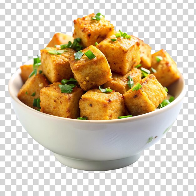 PSD crispy tofu bites on bowl on transparent background