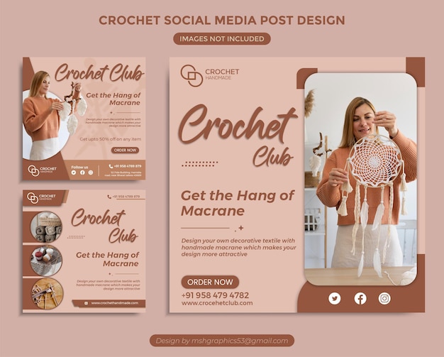 Crochet Club 소셜 미디어 포스트 디자인 Facebook 및 Instagram