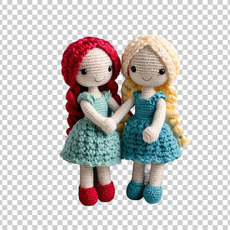 PSD crocheted dolls holding hands on wooden stump isolated