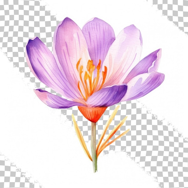 Crocus herb illustrated in watercolor on transparent background saffron flower