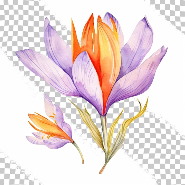 Crocus herb illustrated in watercolor on transparent background saffron flower