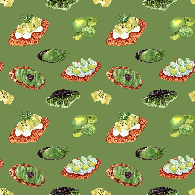 PSD croffle topped with grapes and matcha seamless pattern handpainted watercolor illustration