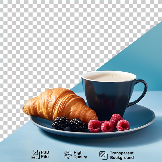 Croissant met koffiebeker en zwarte bessen geïsoleerd op doorzichtige achtergrond inclusief png-bestand