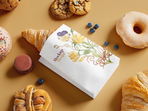Croissant in a paper bag with floral design