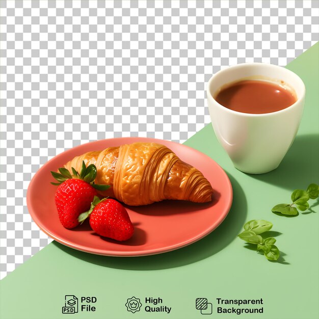 PSD croissant con tazza di caffè e fragola isolati su uno sfondo trasparente includono file png