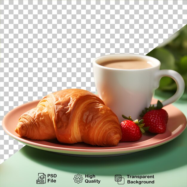 Croissant con tazza di caffè e fragola isolati su uno sfondo trasparente includono file png