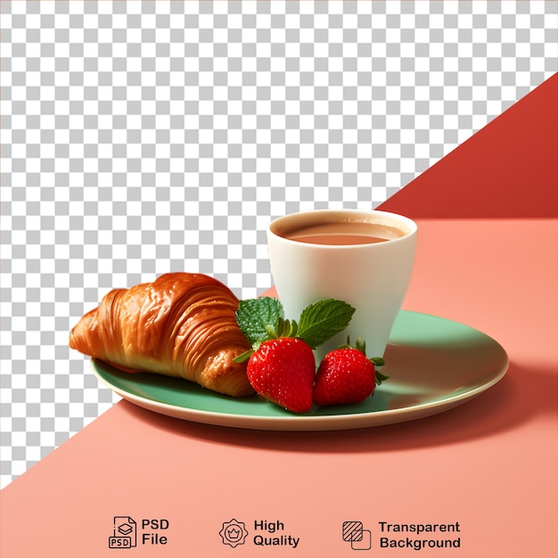 PSD croissant con tazza di caffè e fragola isolati su uno sfondo trasparente includono file png