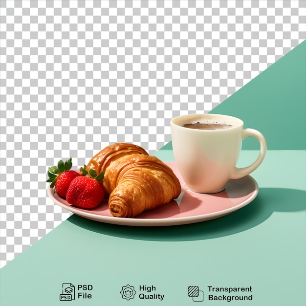 Croissant con tazza di caffè e fragola isolati su uno sfondo trasparente includono file png