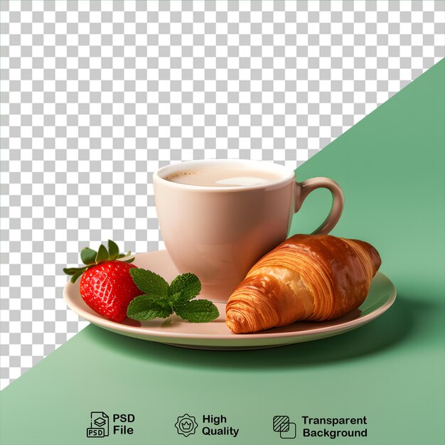 PSD croissant con tazza di caffè e fragola isolati su uno sfondo trasparente includono file png