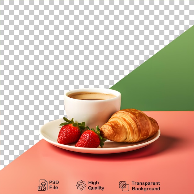 PSD croissant con tazza di caffè e fragola isolati su uno sfondo trasparente includono file png