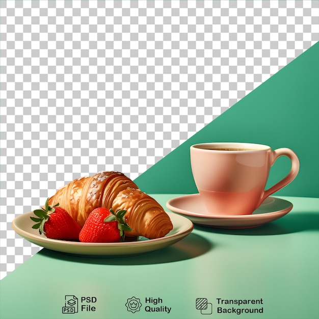 PSD croissant con tazza di caffè e fragola isolati su uno sfondo trasparente includono file png