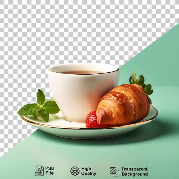 PSD croissant con tazza di caffè e fragola isolati su uno sfondo trasparente includono file png