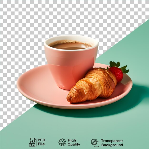 PSD croissant con tazza di caffè e fragola isolati su uno sfondo trasparente includono file png