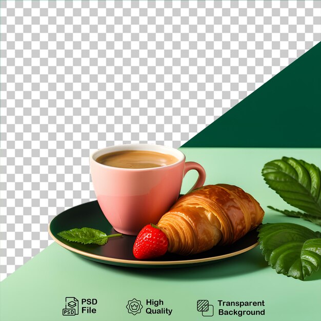 PSD croissant con tazza di caffè e fragola isolati su uno sfondo trasparente includono file png