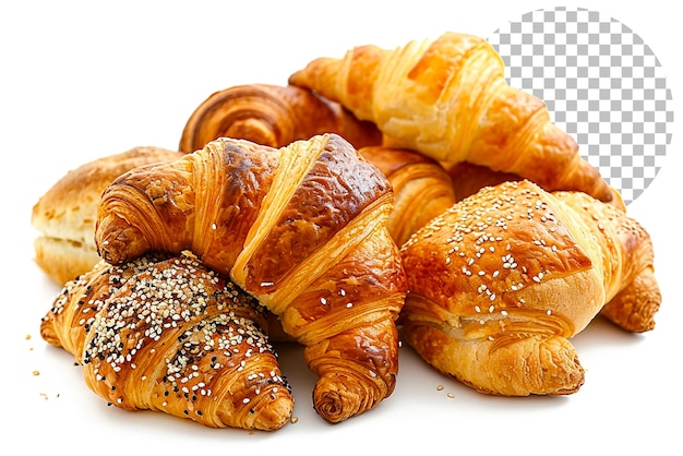 Croissants, sesambroodjes en andere puff pastry's geïsoleerd op een doorzichtige achtergrond