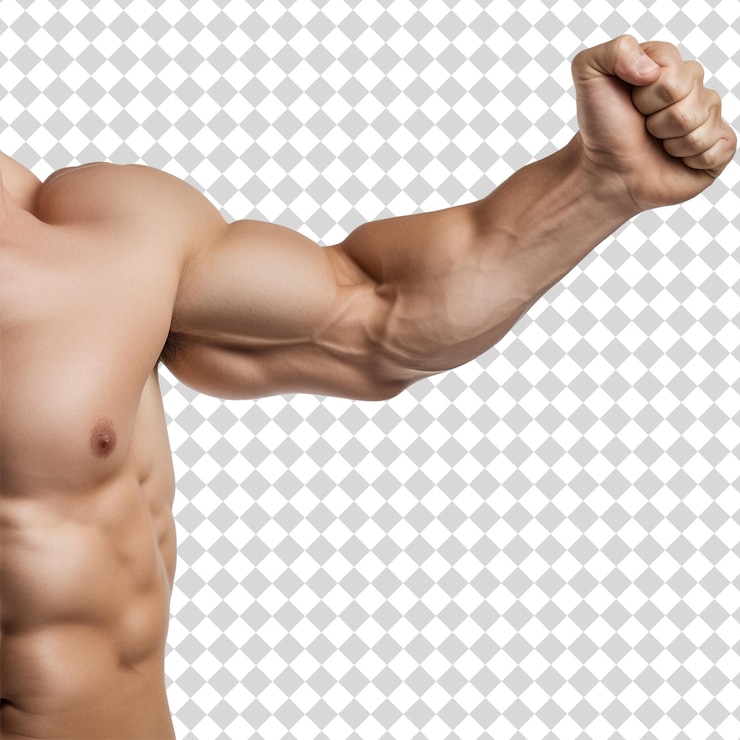 PSD cropped image of a male flexing bicep isolated on transparent background psd file format