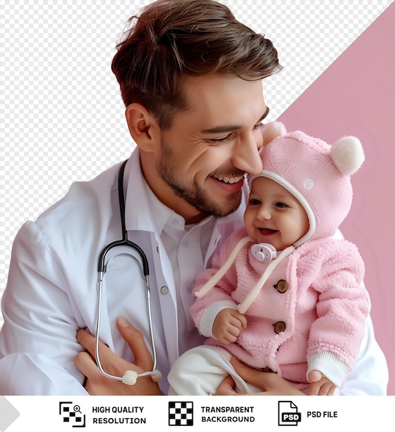 PSD 男性物理療法士が新生児を診療所で診察している写真 背景はピンクの壁 医者は白いシャツを着ており 茶色のをしています