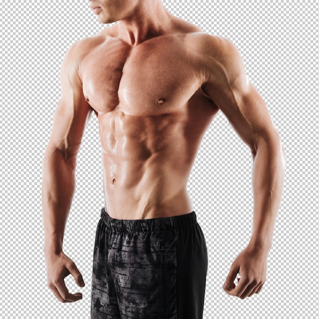 Cropped photo of sweaty athletic man in black shorts resting after workout
