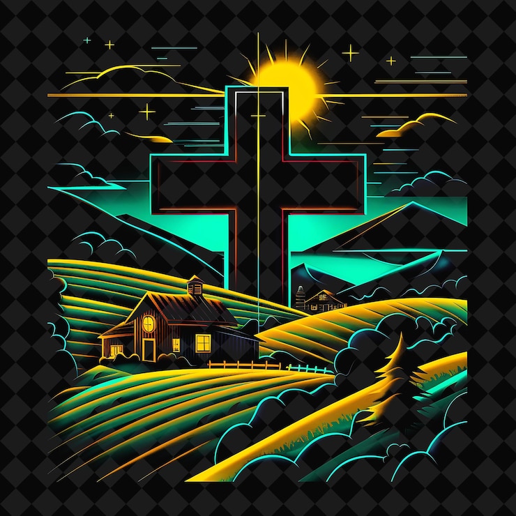 PSD a cross in a field with a sunset on the top