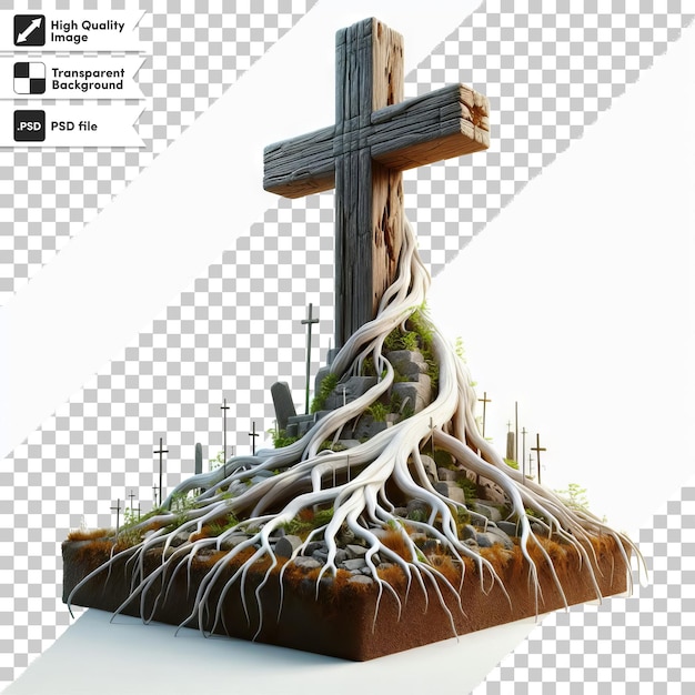 a cross made of tree branches is placed on a wooden stand