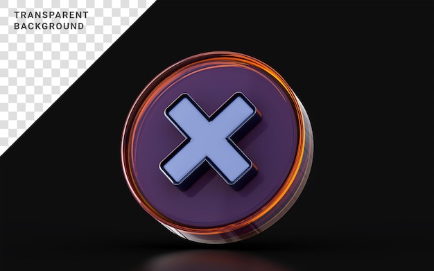 Cross mark badge sign with glass morphism effect on dark background 3d render concept for wrong