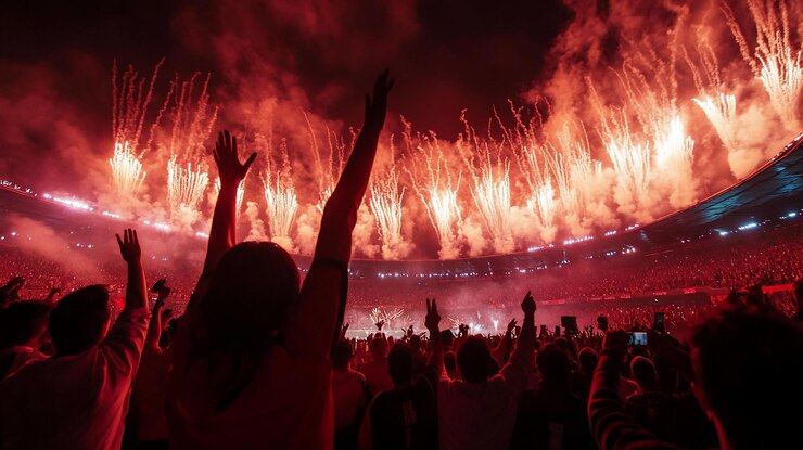 PSD crowd cheering at stadium with fireworks display