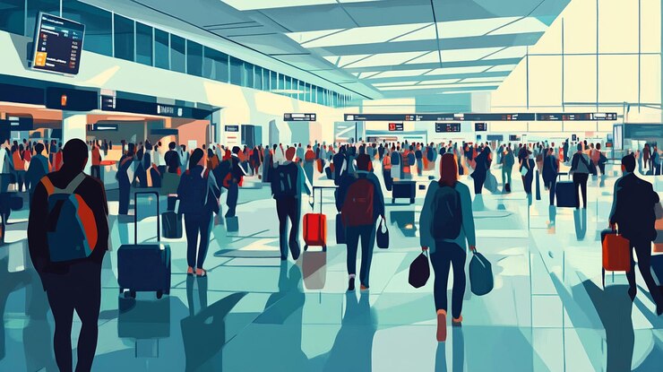 PSD crowded airport terminal passengers with luggage walking