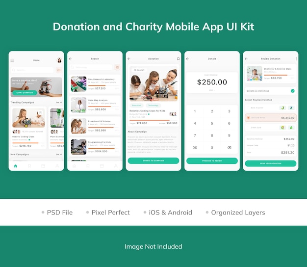 PSD crowdfunding platform mobiele app ui kit