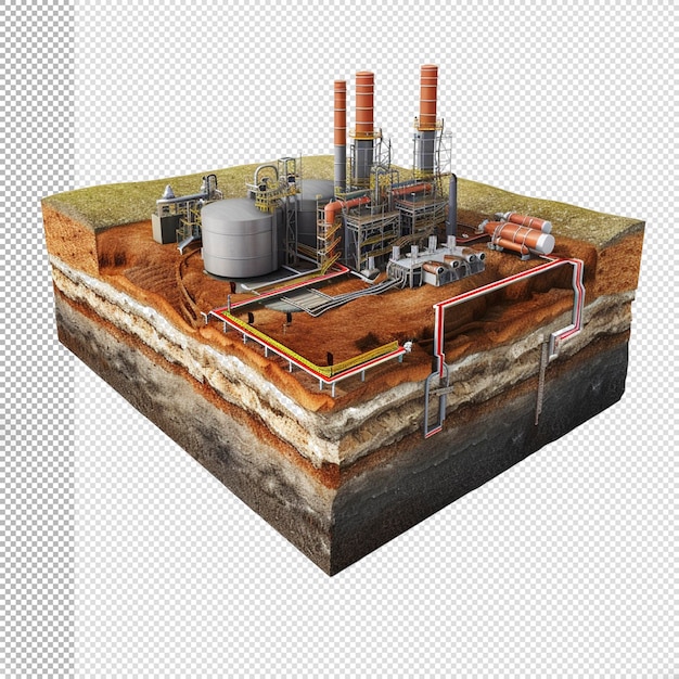 Crude oil gas drilling plant 3d earth cross section transparent background