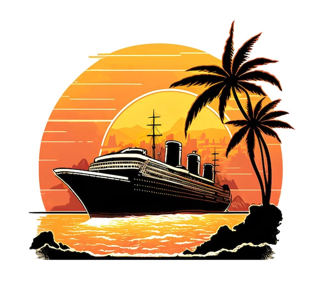 PSD cruise ship sticker design with sea and sunset view