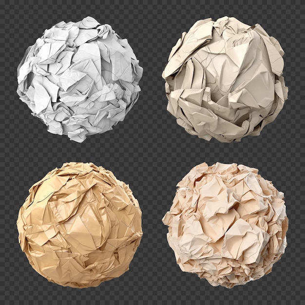 PSD crumpled paper ball set isolated on transparent background