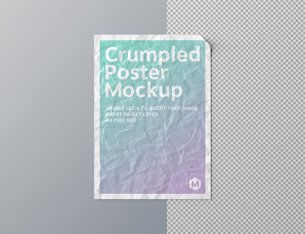 Crumpled poster cut out on grey surface mockup