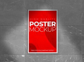 PSD crumpled poster with shadow mockup over tiles surface