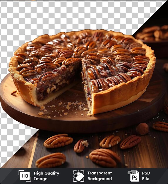 PSD crunchy pecan pie on a wooden platter