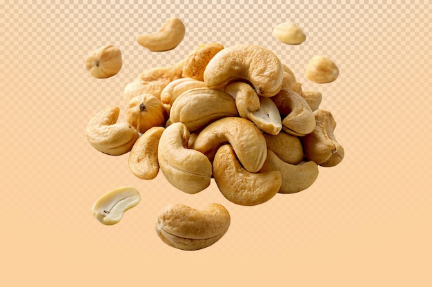Crunchy roasted cashew nuts falling midair perfect snack for health and energy lovers