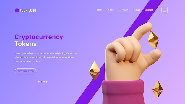 PSD cryptocurrency landing page website with 3d hand gesture and ethereum icons