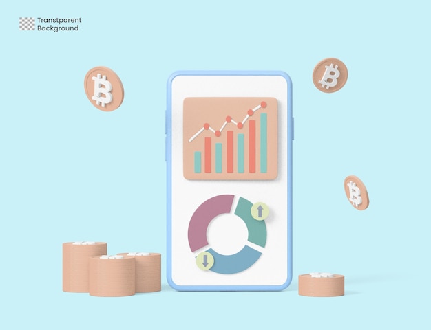 PSD trading di criptovaluta o bitcoin su smartphone e rendering 3d di crescita