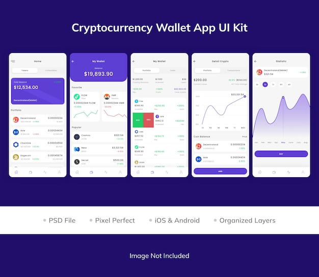 PSD Набор пользовательского интерфейса приложения cryptocurrency wallet