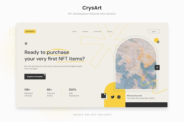 Crysart - раздел hero сайта simple nft marketplace