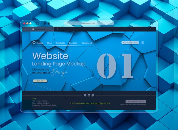 Crystal 3d frosted glass landing page mockup for corporate website showcase presentation template